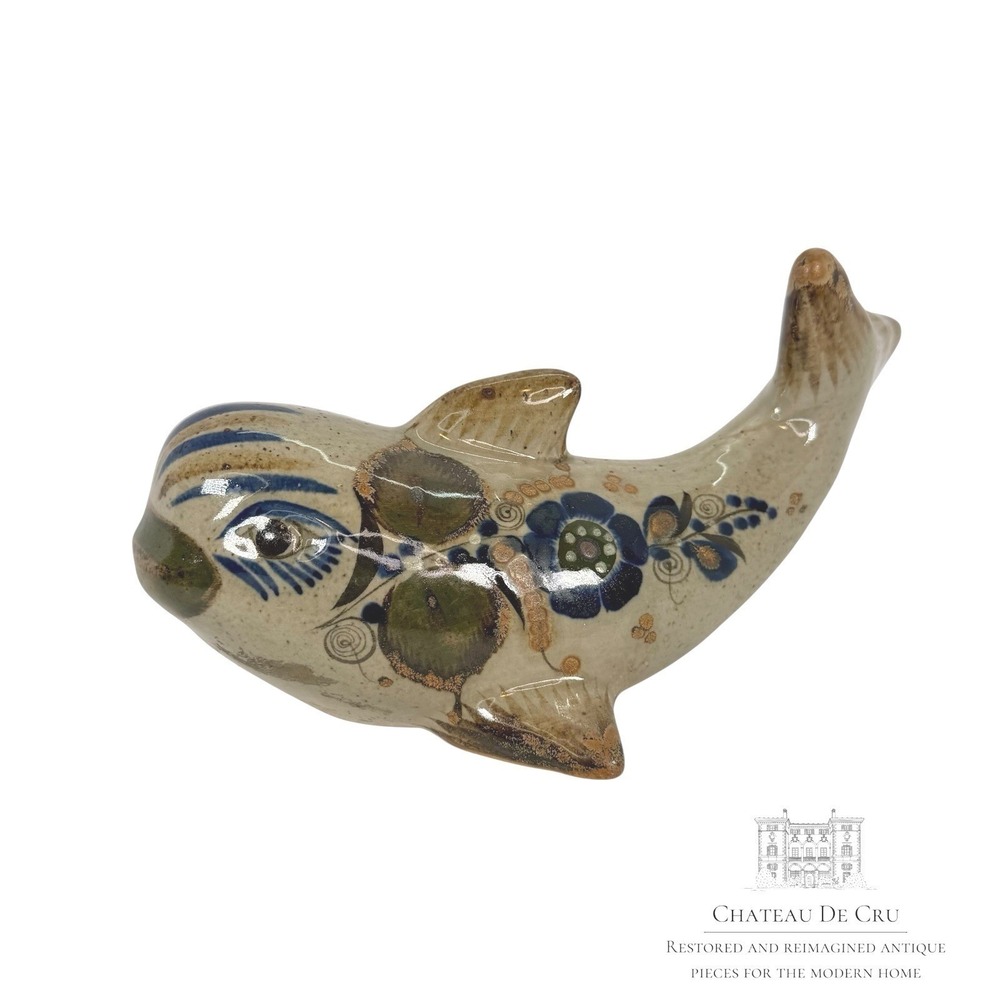Tonala Whale Figurine Mexican Pottery Hand Painted 10"x3" Vintage